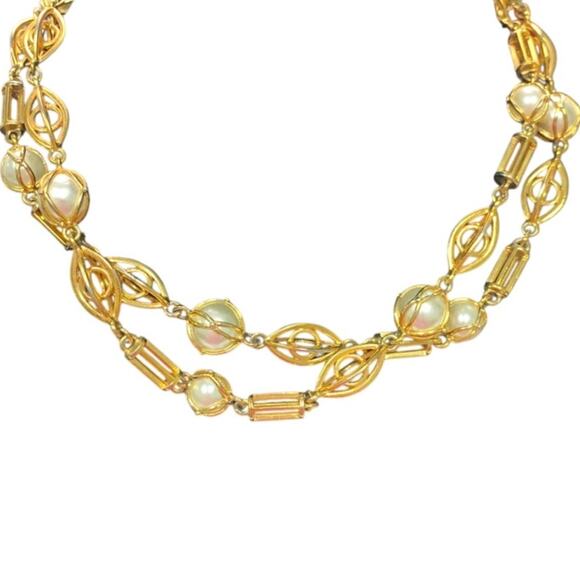 Vintage 33" Faux Pearl Art Deco Long Gold Toned Chain Link Necklace - Picture 2 of 4